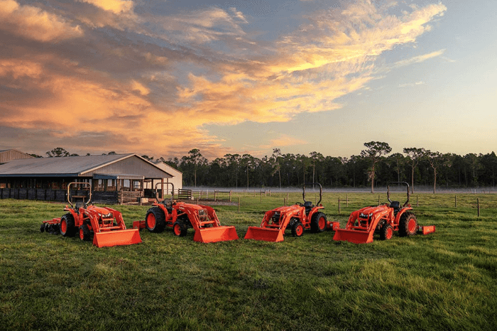 Kubota Tractor lineup with a scenic view in a field 